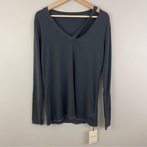 GROCERIES APPAREL Dark Green Grey Soft Lightweight V Neck Long Sleeve Top